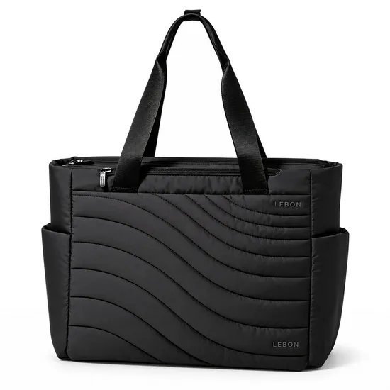Lightweight Nylon Work Tote Bag with Padded Laptop Pocket and Expandable Bottle Pockets