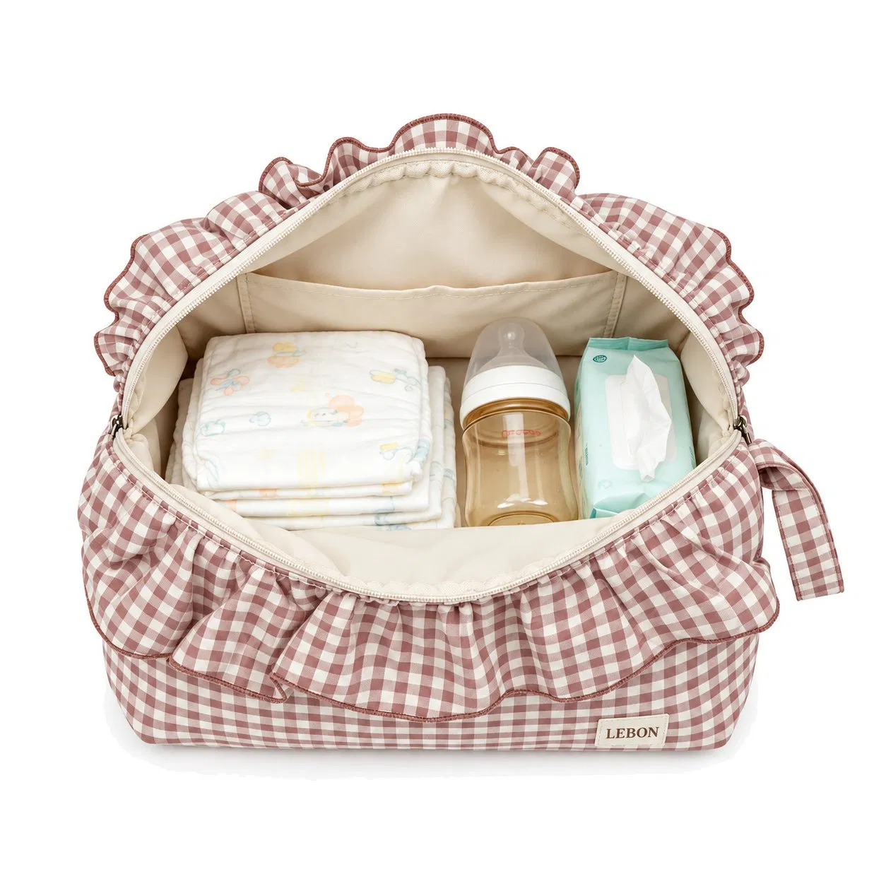 Custom Ruffle Polyester Baby Essentials Organizer Bag with Gingham Pattern