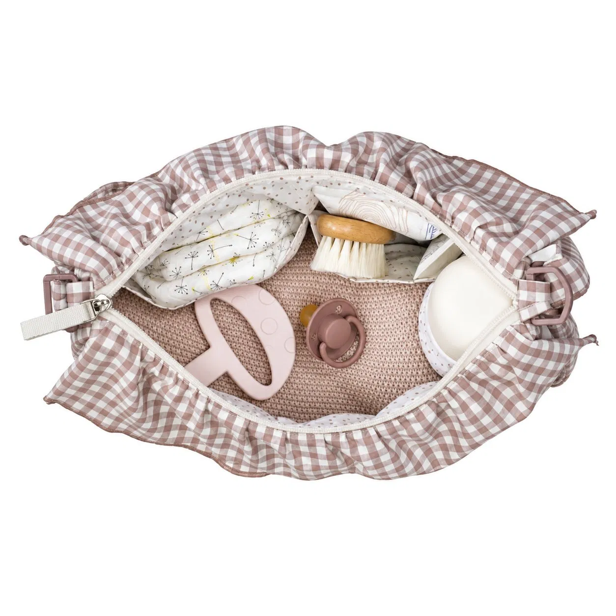 Custom Ruffle Gingham Baby Diaper Shoulder Bag with Adjustable Strap and Stroller Hooks