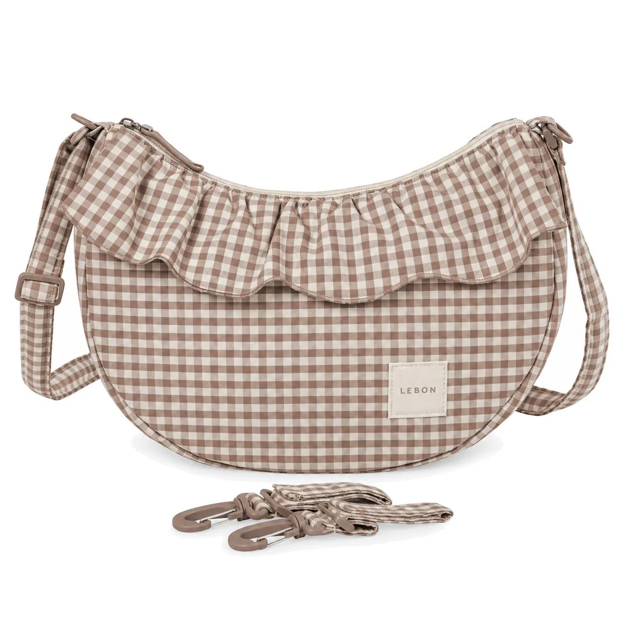 Custom Ruffle Gingham Baby Diaper Shoulder Bag with Adjustable Strap and Stroller Hooks