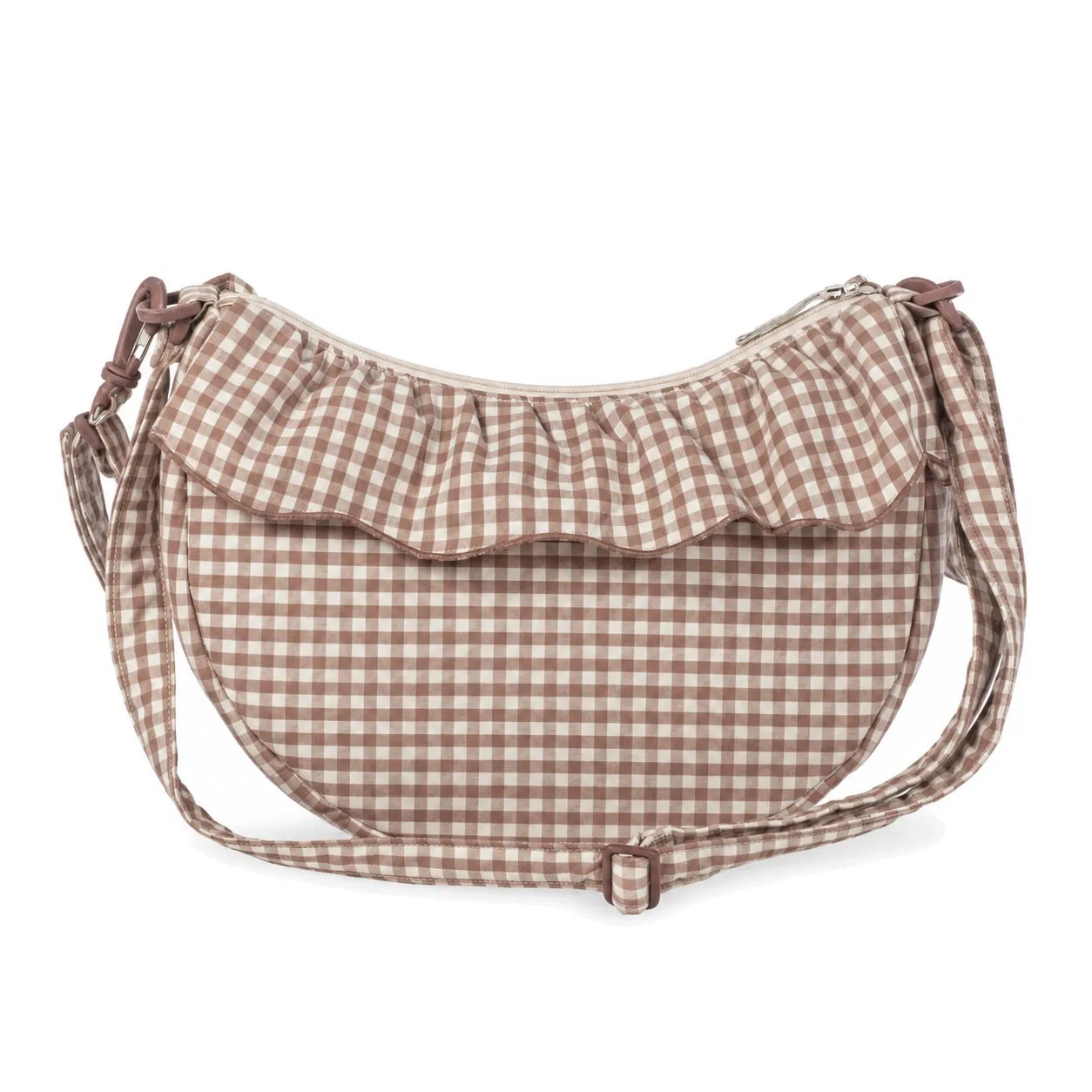 Custom Ruffle Gingham Baby Diaper Shoulder Bag with Adjustable Strap and Stroller Hooks