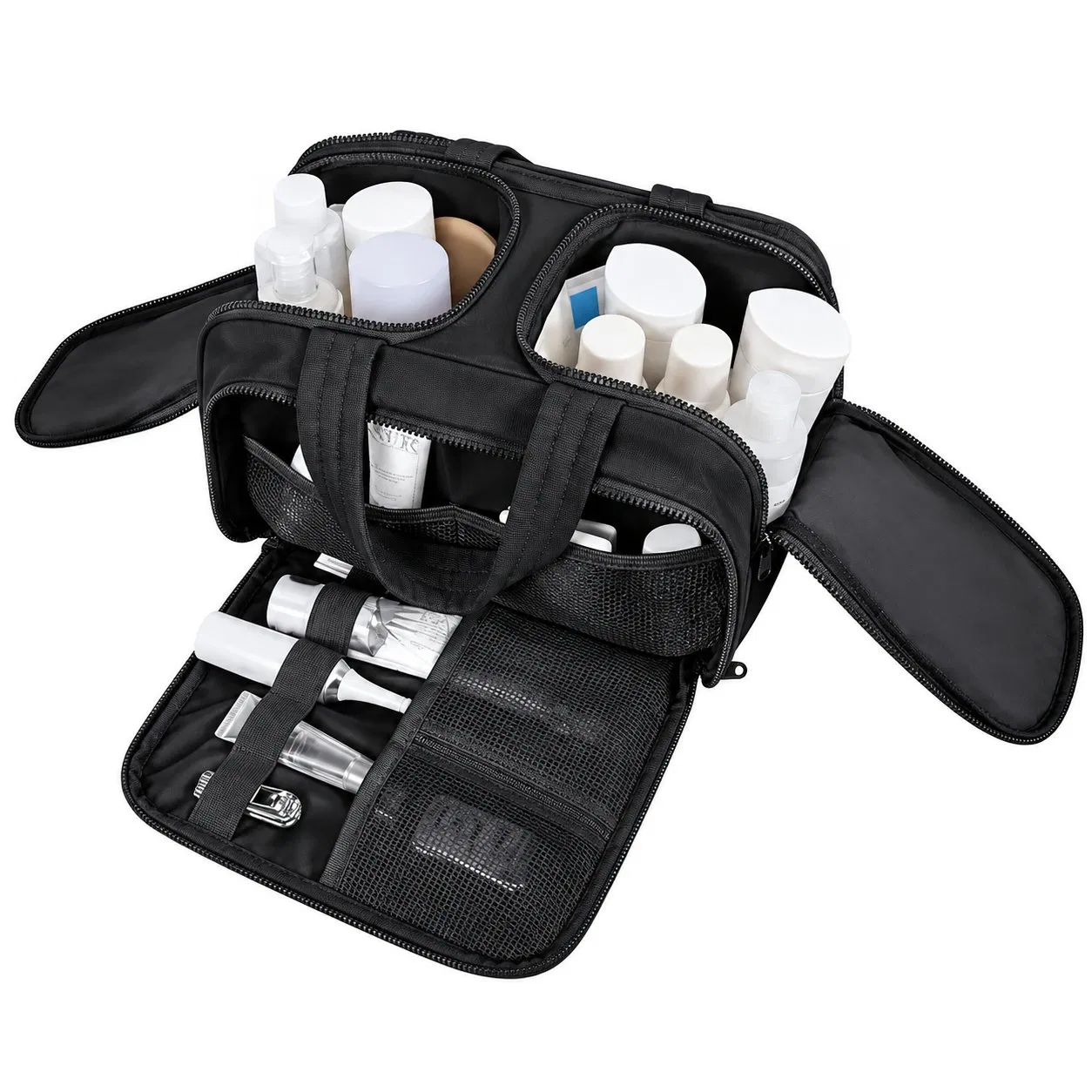 Custom Polyester Travel Makeup Bag with Wide Opening and Brush Organizer