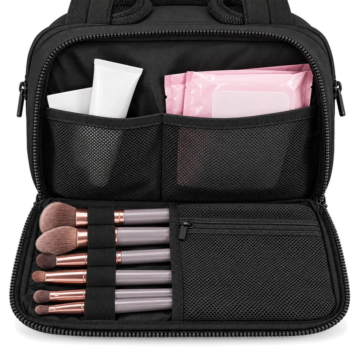 Custom Polyester Travel Makeup Bag with Wide Opening and Brush Organizer