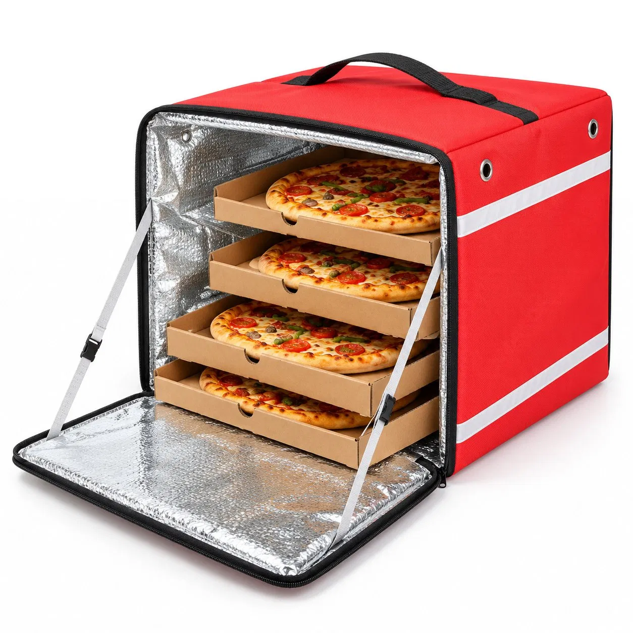 Custom Polyester Insulated Food Delivery Backpack with Front Opening and Reflective Trim