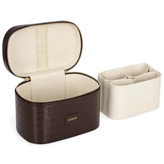 Crocodile Texture PU Travel Cosmetic Organizer Case with Removable Divider and Top Handle