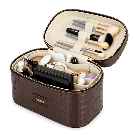 Crocodile Texture PU Travel Cosmetic Organizer Case with Removable Divider and Top Handle