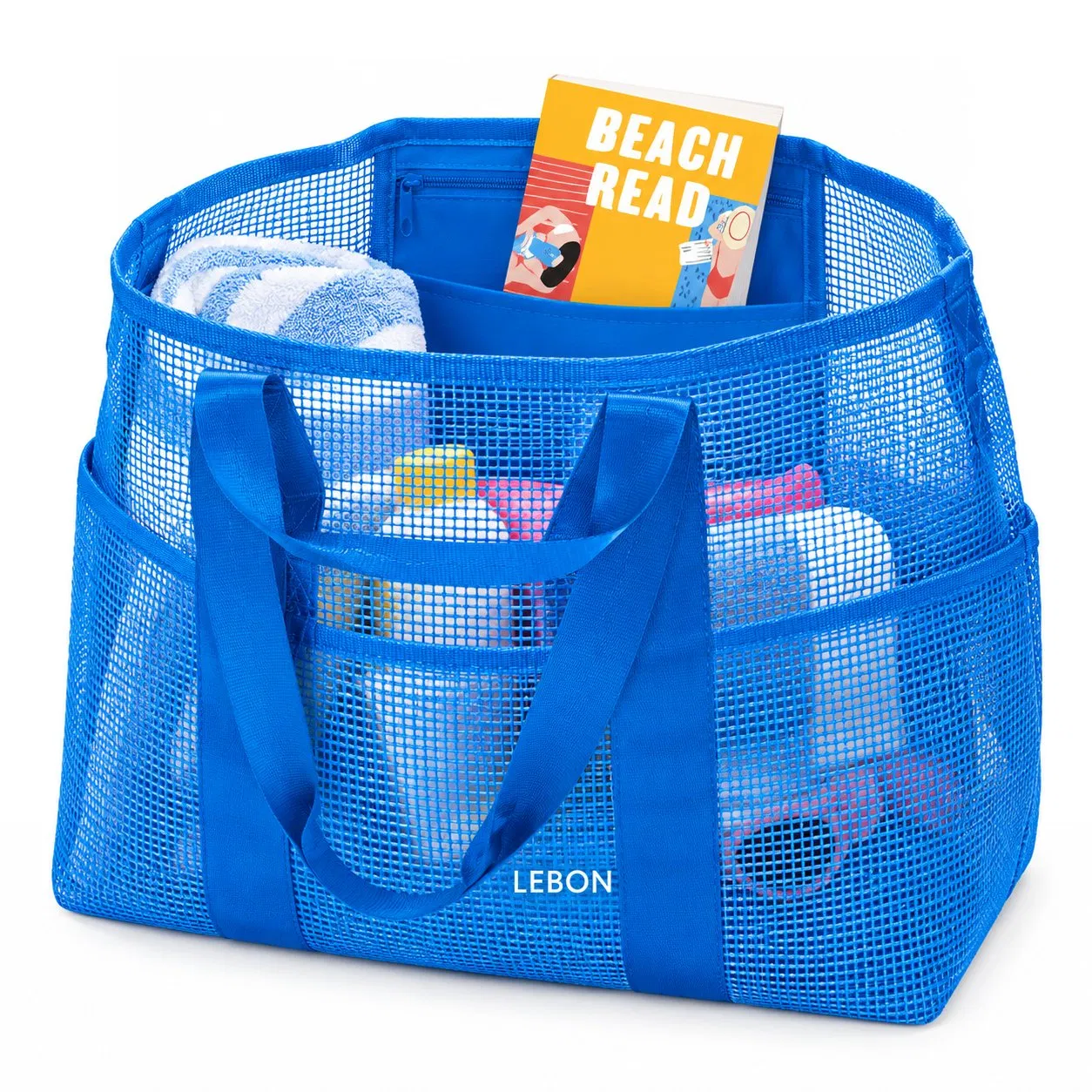 Multi Pocket Mesh Beach Tote Bag with Zipper for Swimming Travel Shopping
