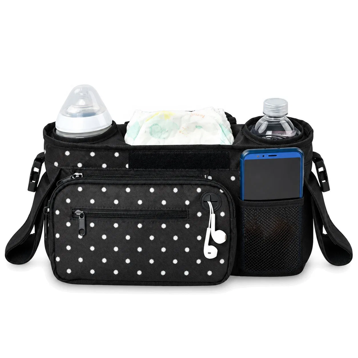 Custom Polyester Stroller Organizer Bag with Insulated Bottle Pockets and Hanging Straps