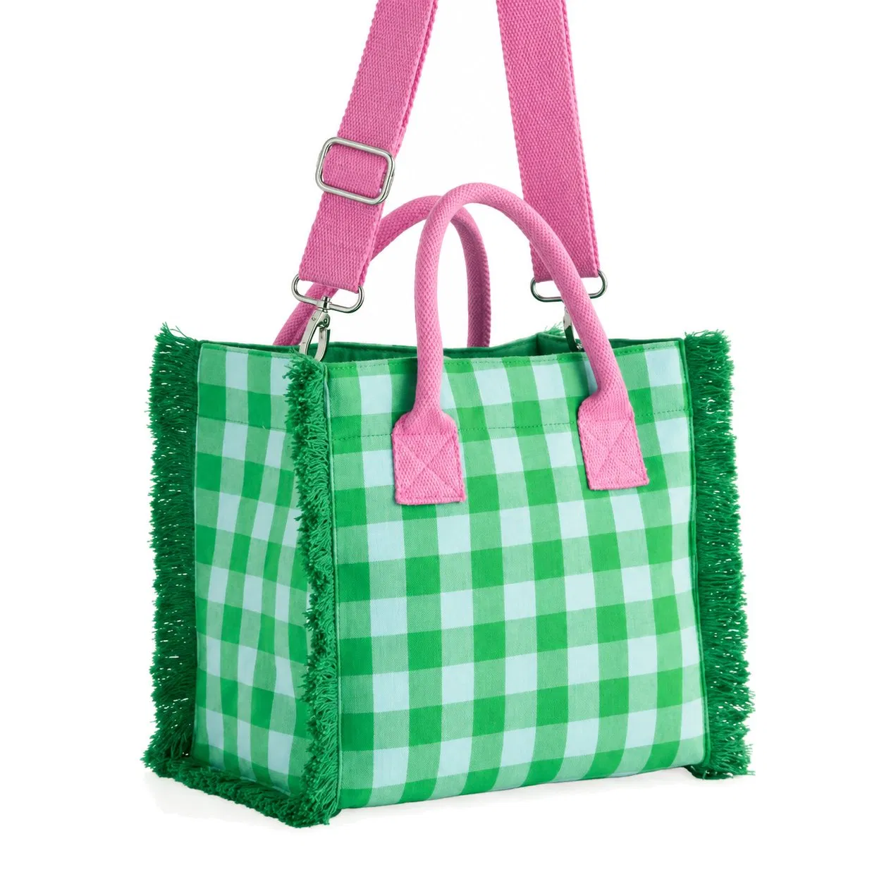 Custom Plaid Canvas Tassel Tote Handbag for Women with Zipper