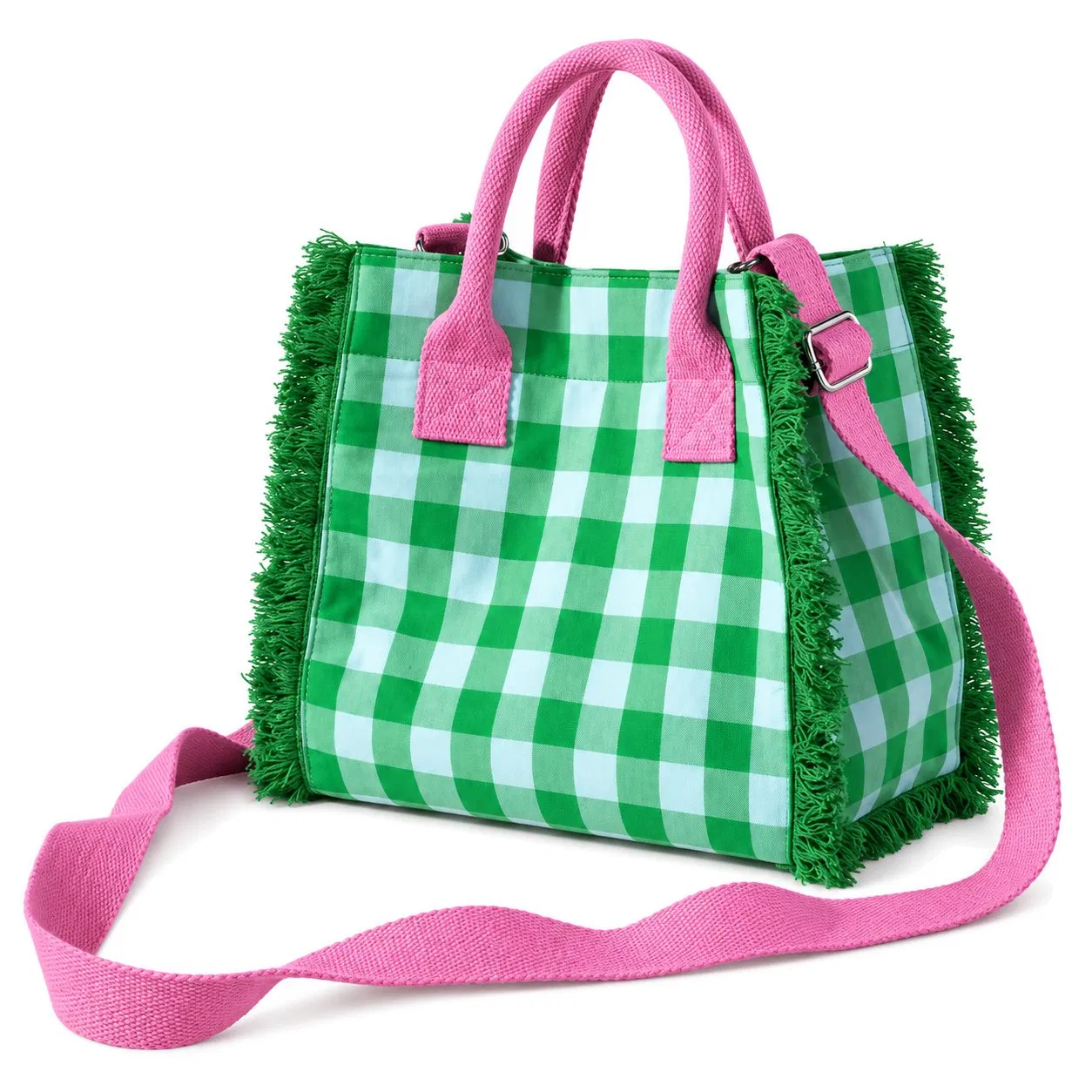 Custom Plaid Canvas Tassel Tote Handbag for Women with Zipper