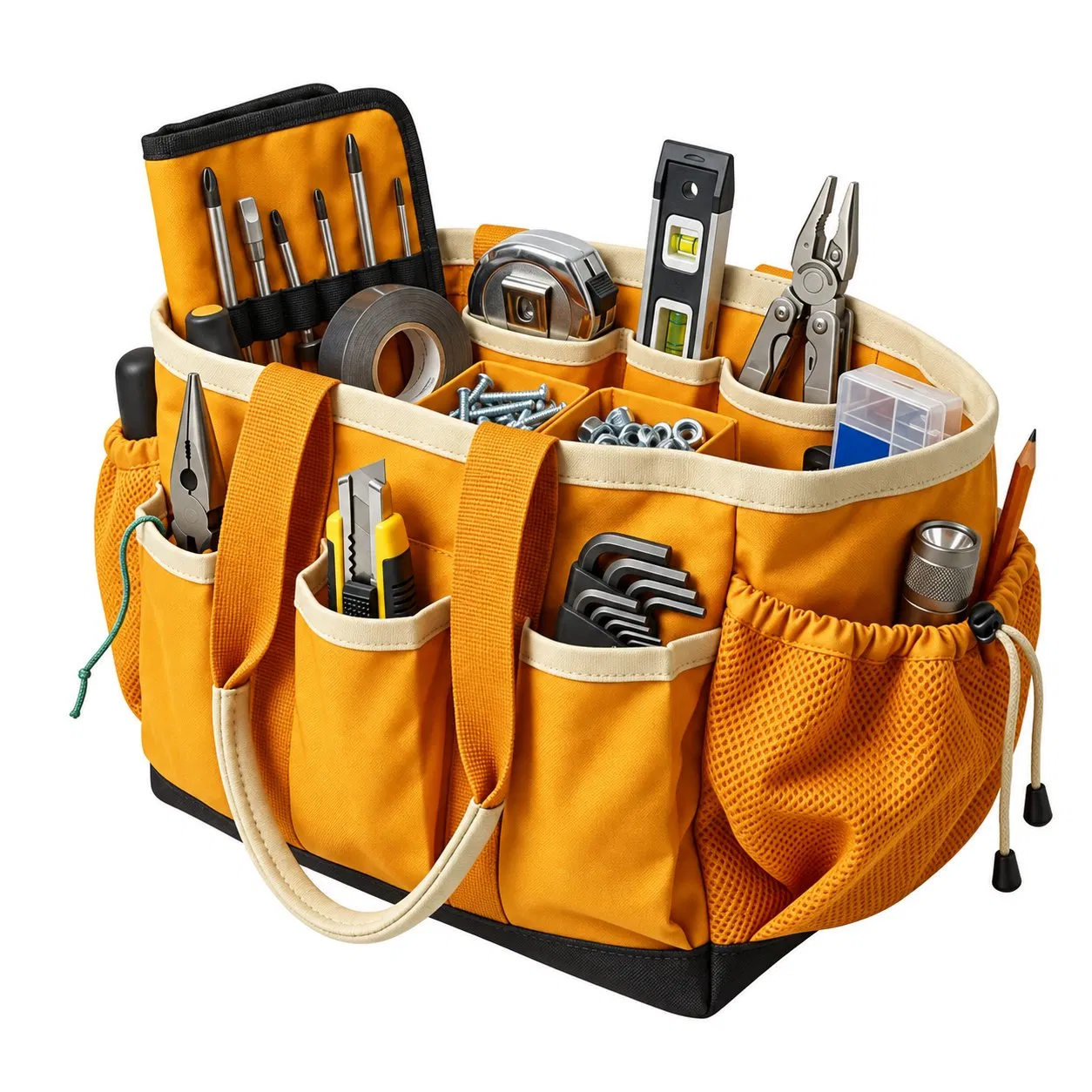 Custom Heavy Duty Canvas Tool Tote Bag with Open Top and Multiple Pockets
