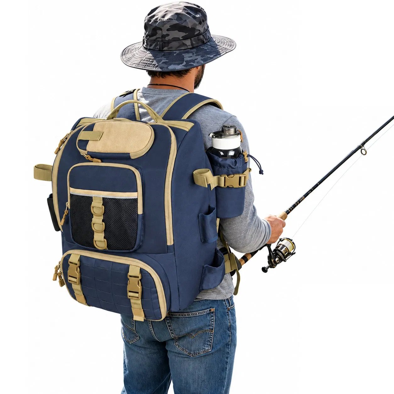 900d Polyester Fishing Backpack with Large Capacity Gear Storage