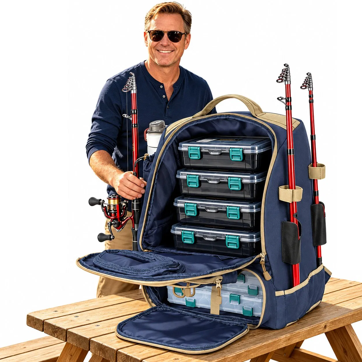 900d Polyester Fishing Backpack with Large Capacity Gear Storage