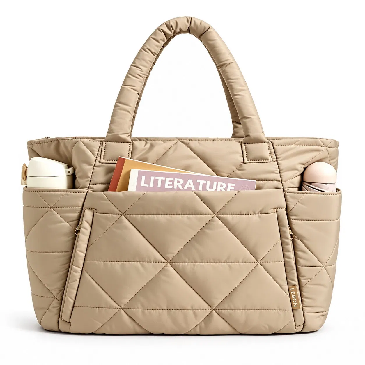 Lightweight Quilted Nylon Puffer Tote Bag with Laptop Compartment for Work and Travel