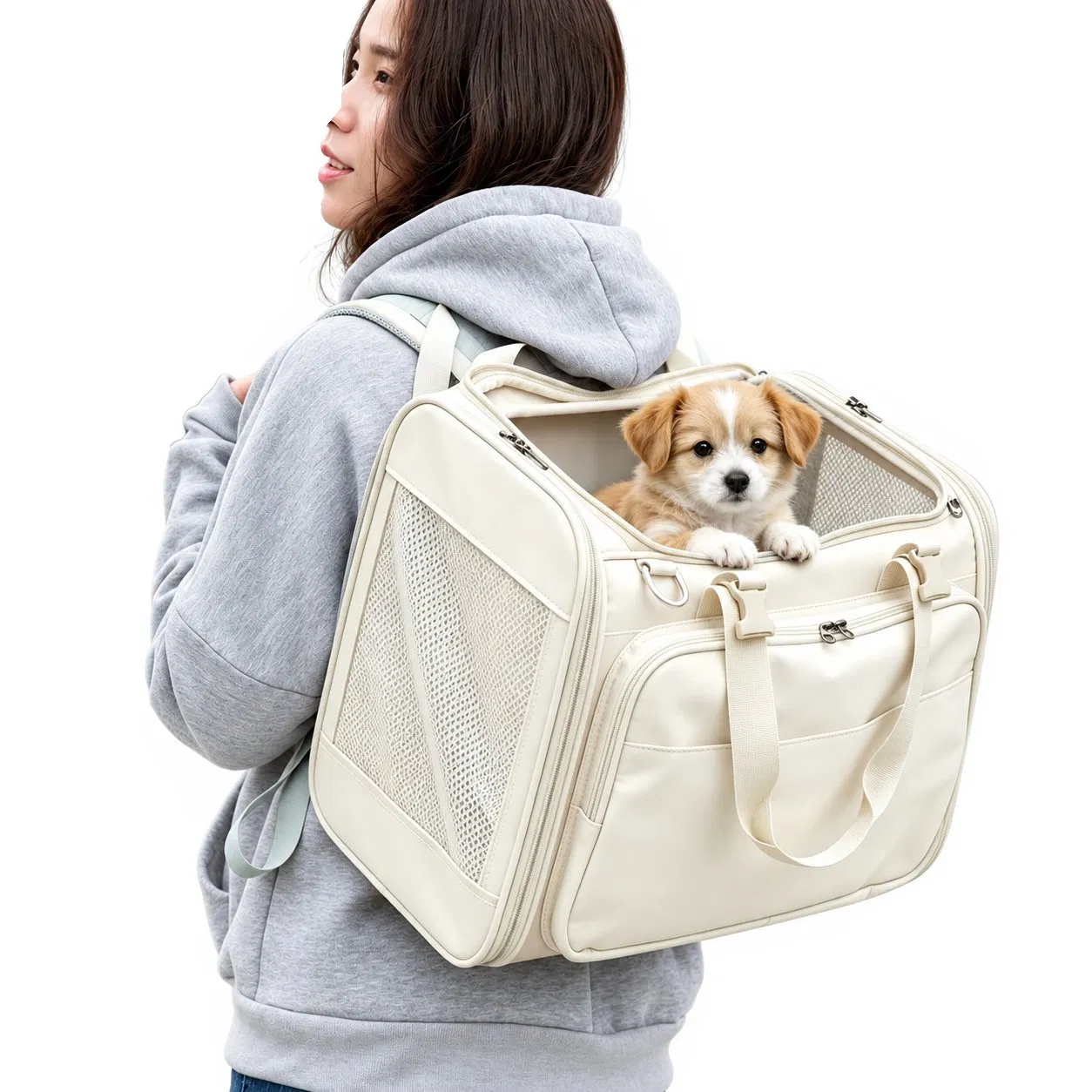 Custom Logo Breathable Mesh Pet Carrier Backpack with Adjustable Straps and Safety Leash Hook