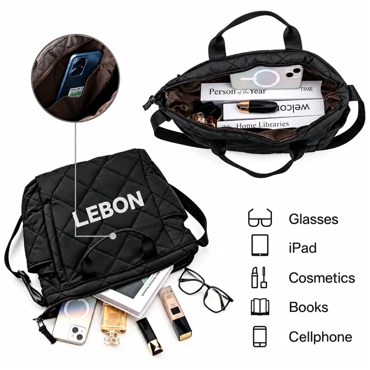 Lightweight Nylon Work Tote Bag with Detachable Coin Purse