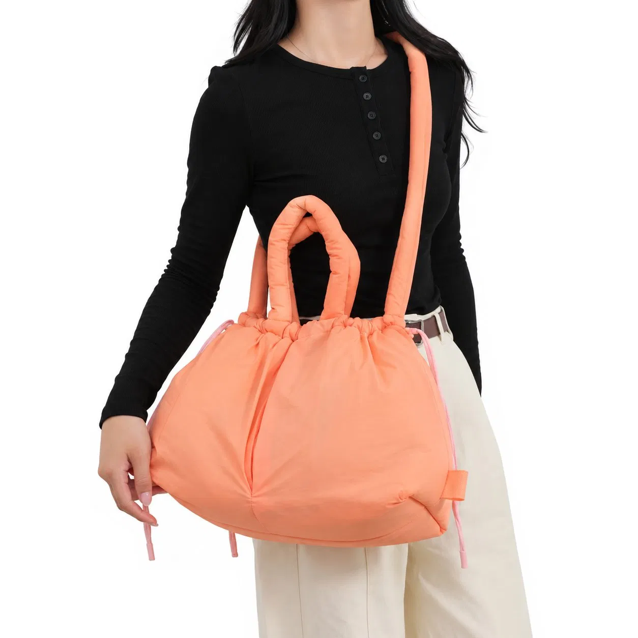 Custom Puffy Polyester Drawstring Tote Shoulder Bag with Adjustable Strap