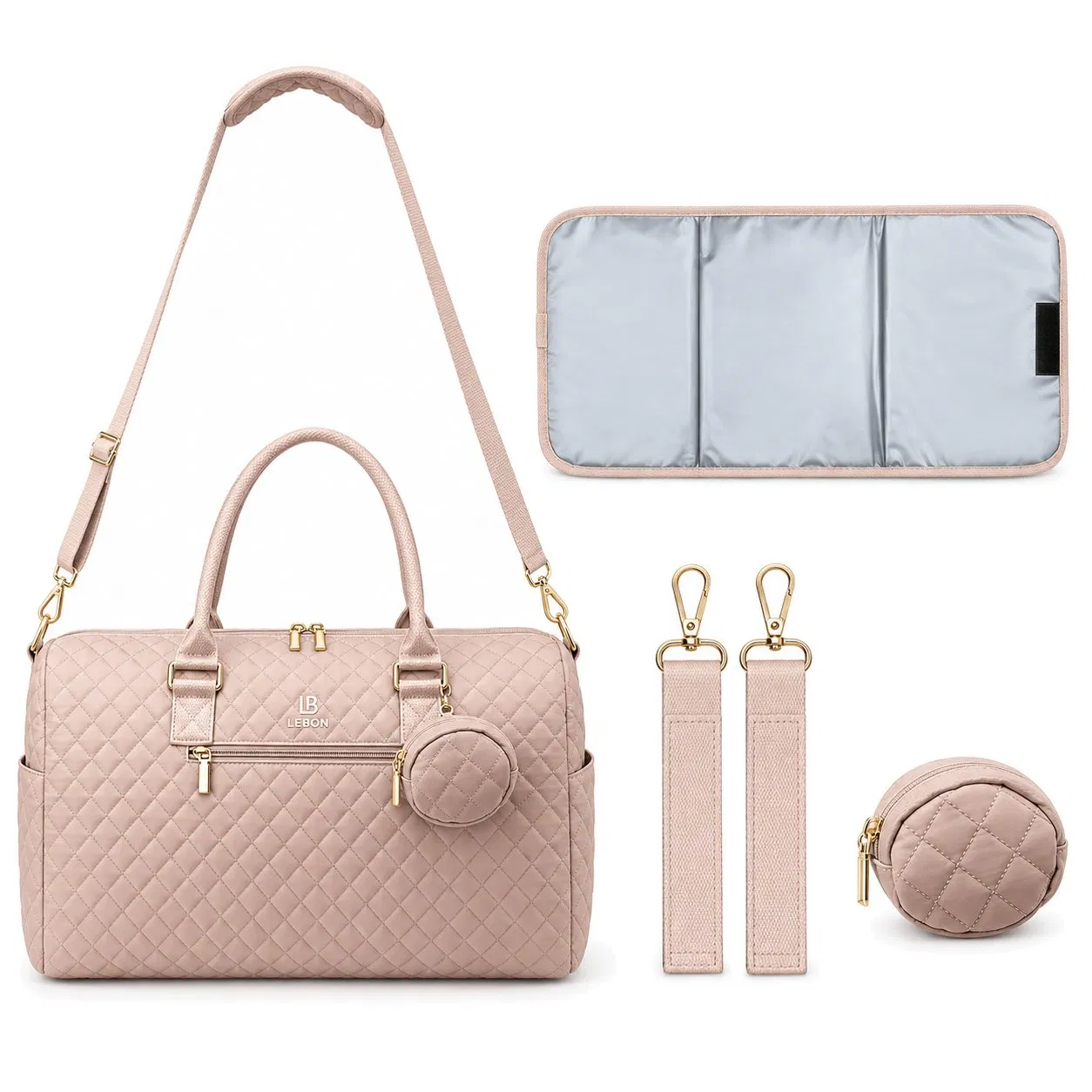 Custom Quilted PU Diaper Tote Bag Set with Shoulder Strap and Changing Mat