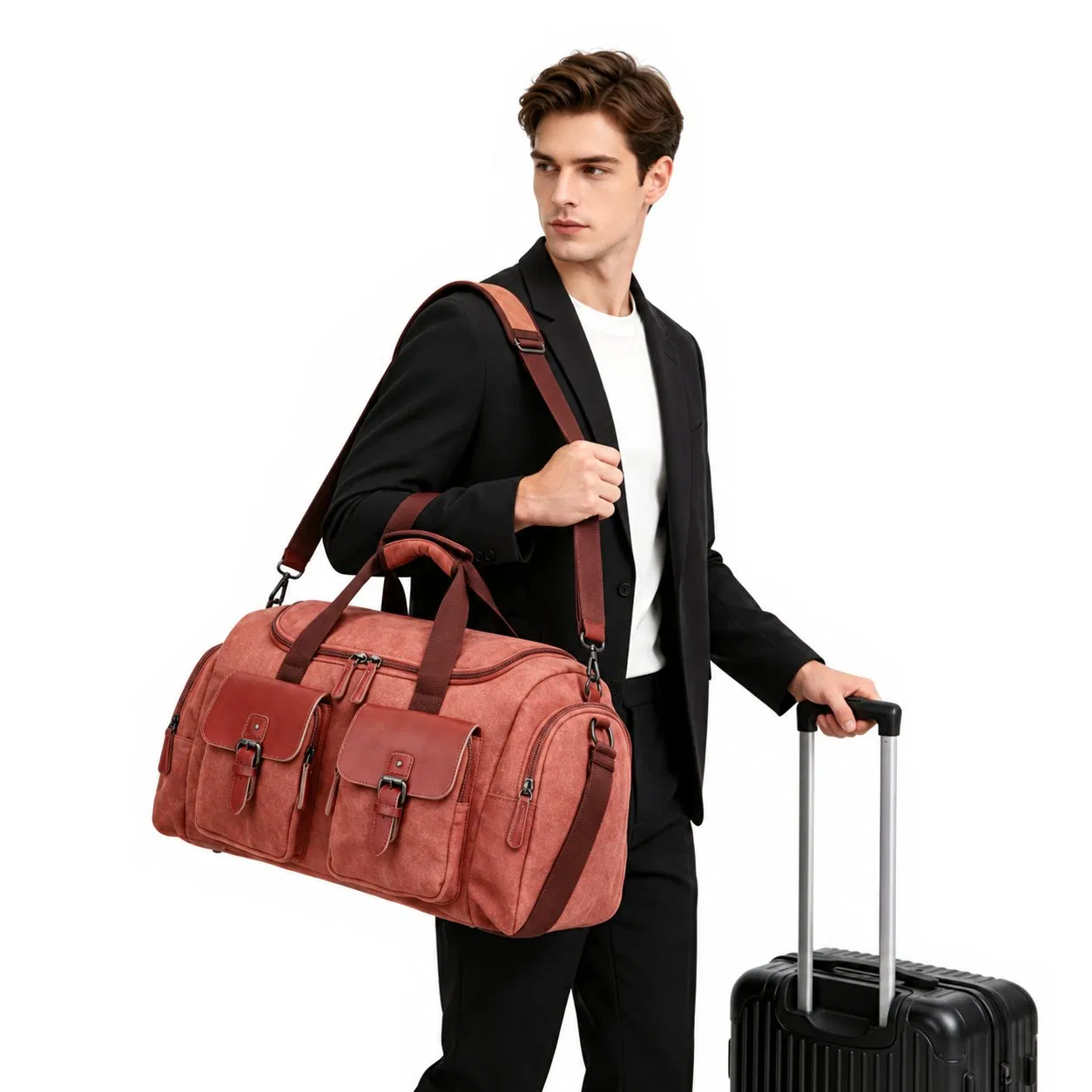 Custom Canvas Travel Duffel Bag with Shoe Compartment and Shoulder Strap