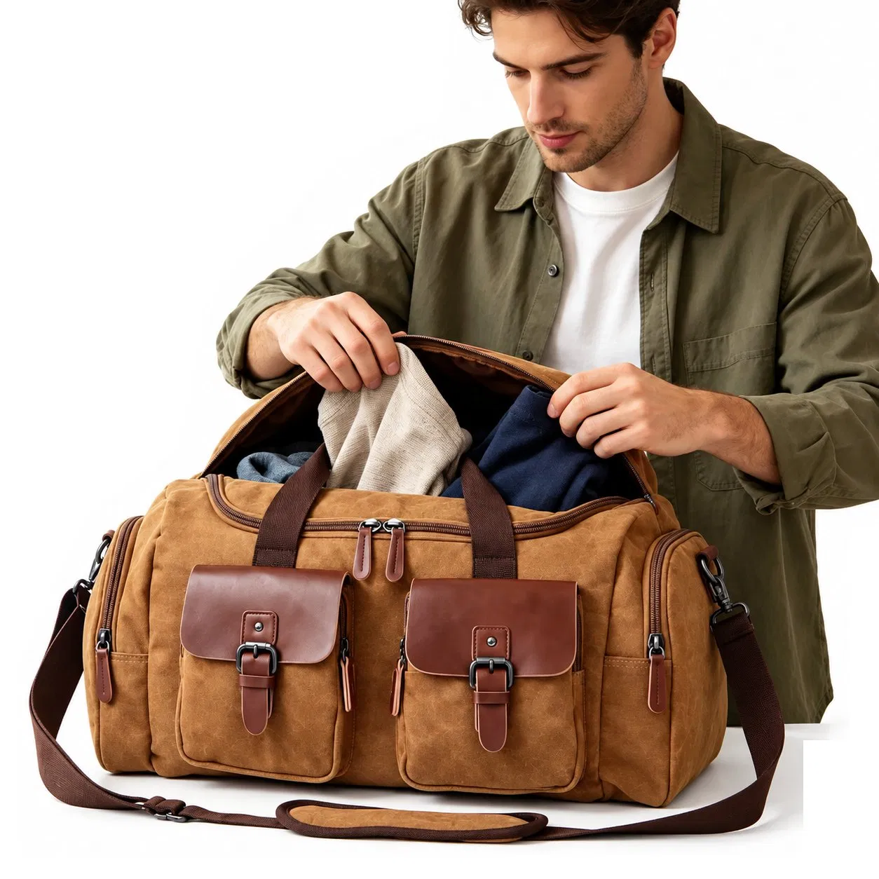 Custom Canvas Travel Duffel Bag with Shoe Compartment and Shoulder Strap
