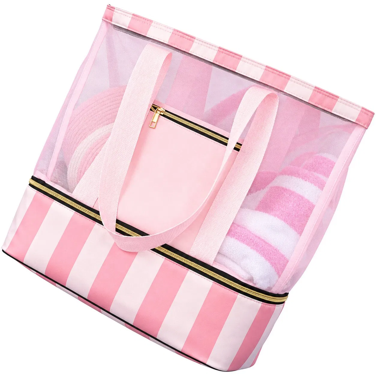 Custom Mesh Beach Tote Bag with Zipper Base Compartment and Carry Handles