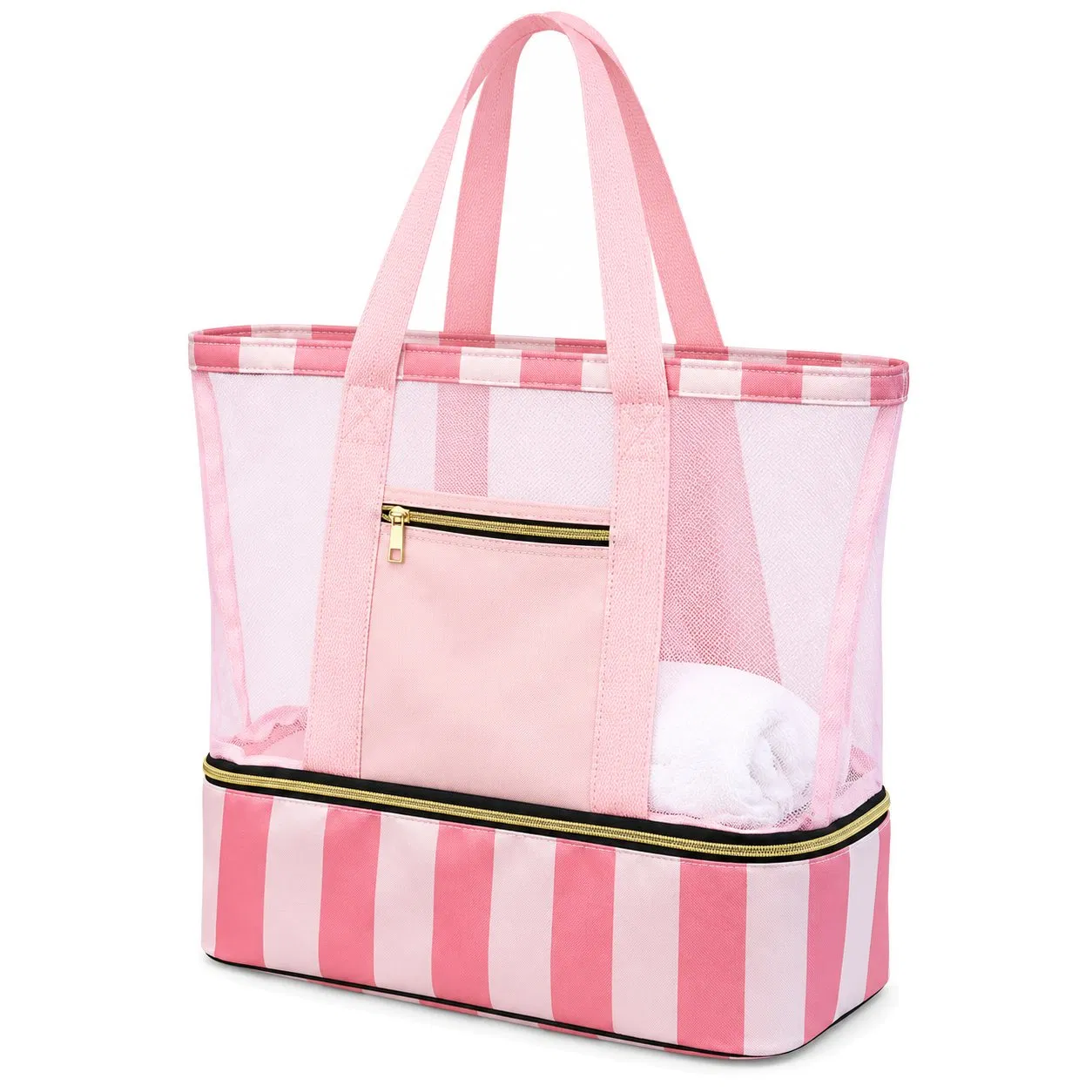 Custom Mesh Beach Tote Bag with Zipper Base Compartment and Carry Handles
