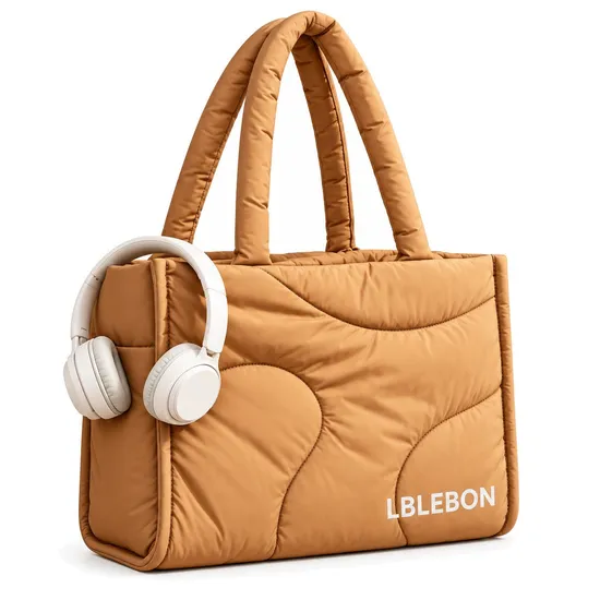 Custom Quilted Nylon Puffer Tote Bag with Padded Handles and Side Pockets