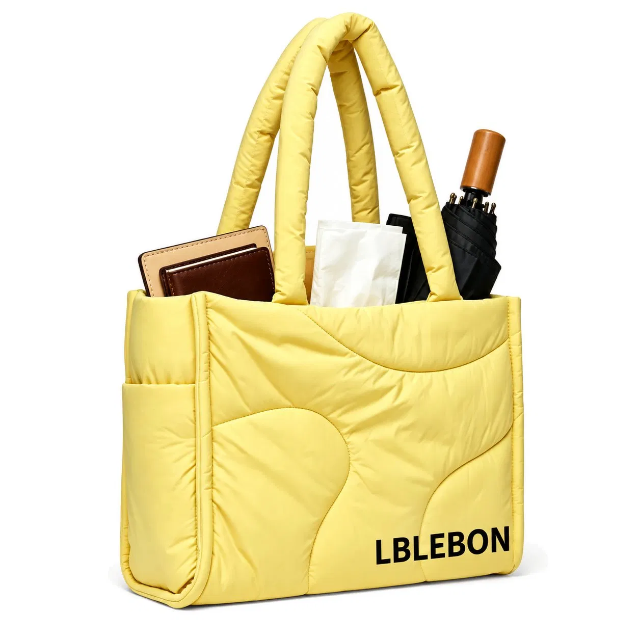 Custom Quilted Nylon Puffer Tote Bag with Padded Handles and Side Pockets