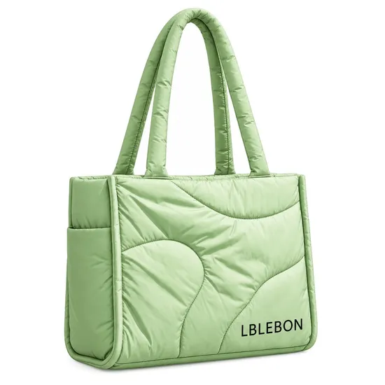 Custom Quilted Nylon Puffer Tote Bag with Padded Handles and Side Pockets
