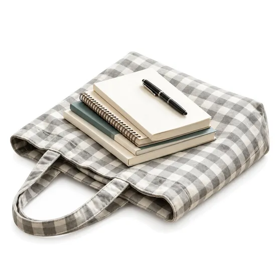 Custom Checkered Fabric Tote Bag with Long Handles for Shopping and Daily Carry