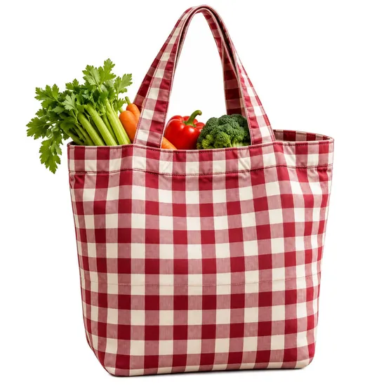 Custom Checkered Fabric Tote Bag with Long Handles for Shopping and Daily Carry