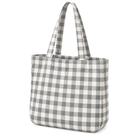 Custom Checkered Fabric Tote Bag with Long Handles for Shopping and Daily Carry