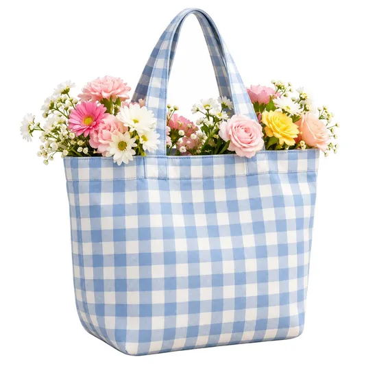 Custom Checkered Fabric Tote Bag with Long Handles for Shopping and Daily Carry