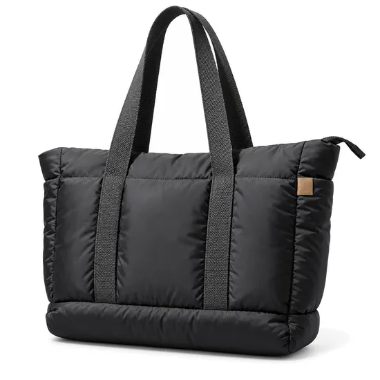 Custom Logo Quilted Nylon Tote Bag with Zipper and Long Shoulder Handles