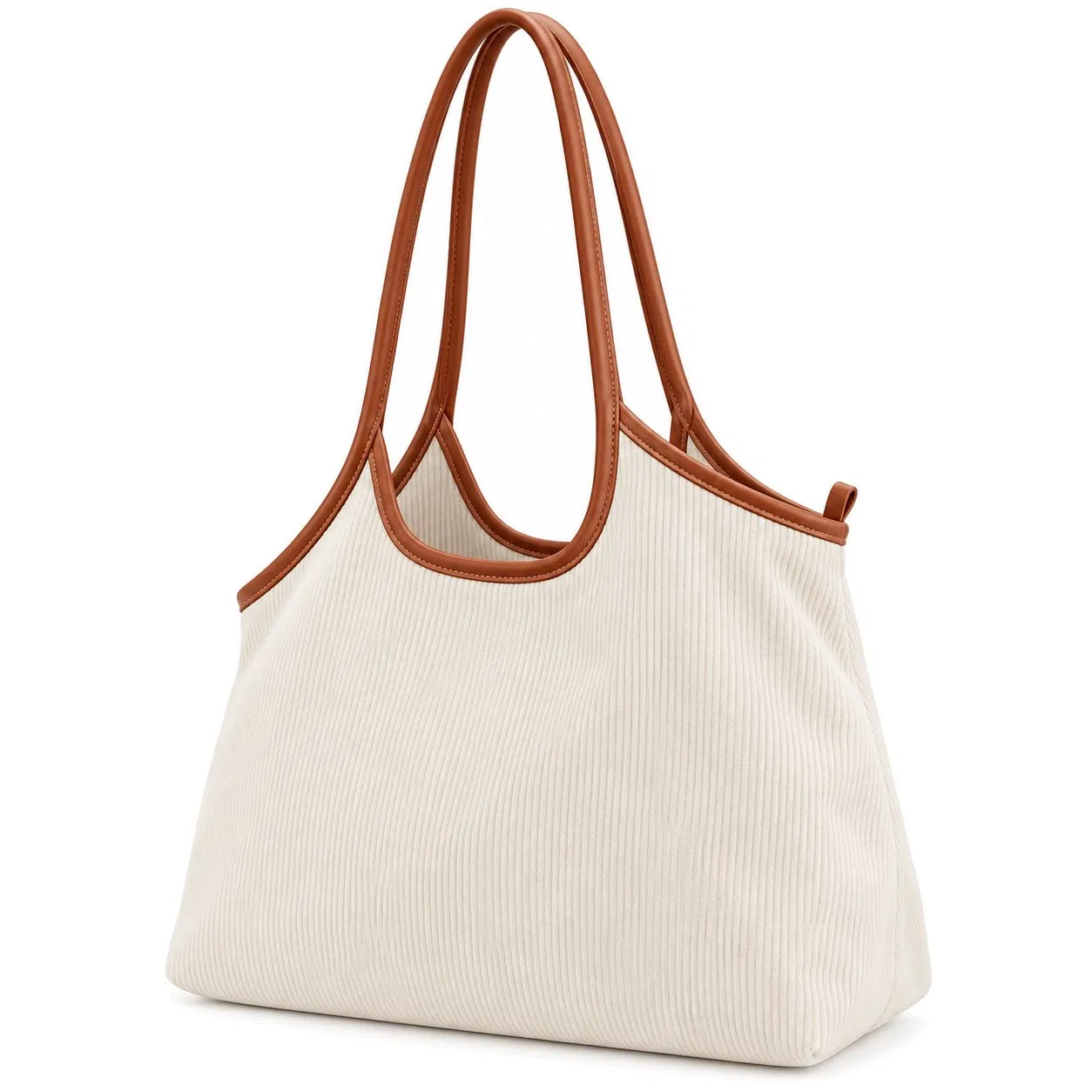 Corduroy Shoulder Tote Bag with Contrast PU Trim Handles for Daily Shopping