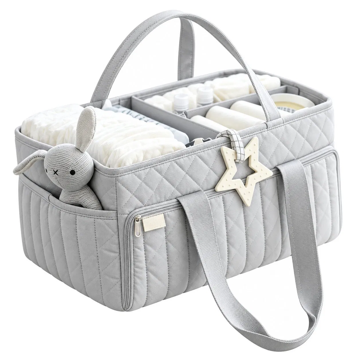 Quilted Cotton Baby Diaper Caddy with Dividers and Handles for Nursery Storage