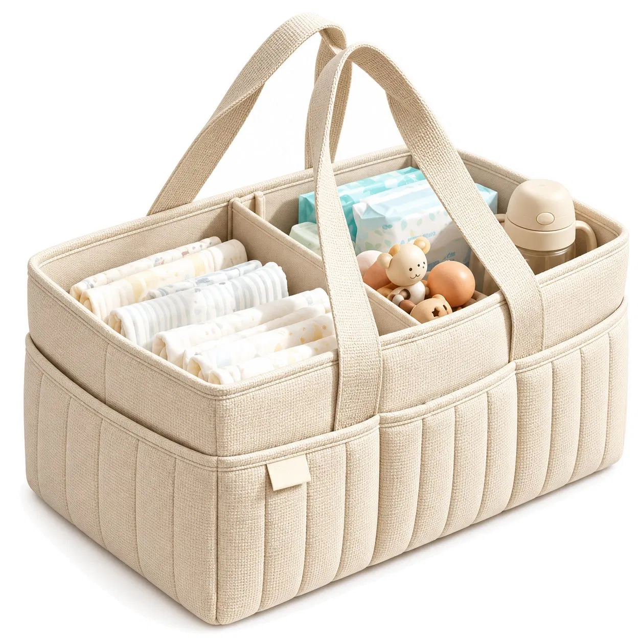Quilted Cotton Baby Diaper Caddy with Dividers and Handles for Nursery Storage