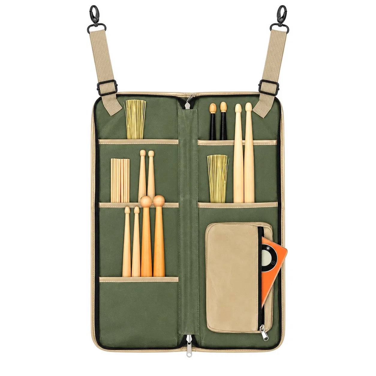 Waxed Canvas Drumstick Storage Bag with Shoulder Strap and Multiple Pockets