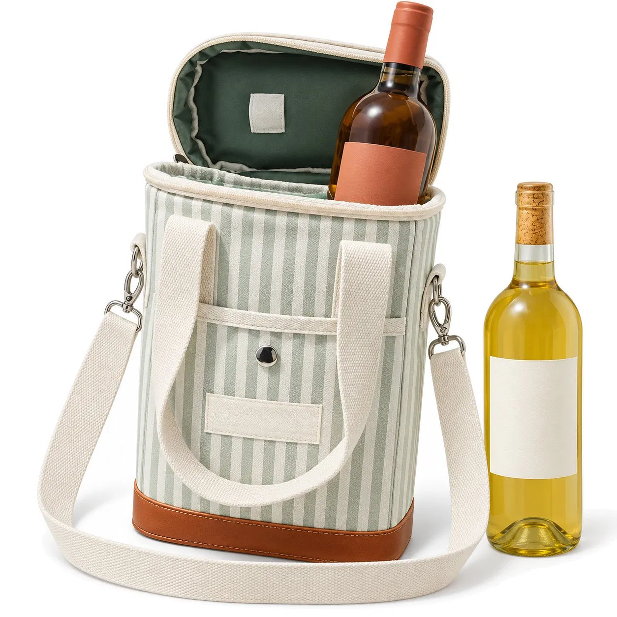Custom Striped Insulated Wine Cooler Tote Bag with Shoulder Strap and Carry Handle