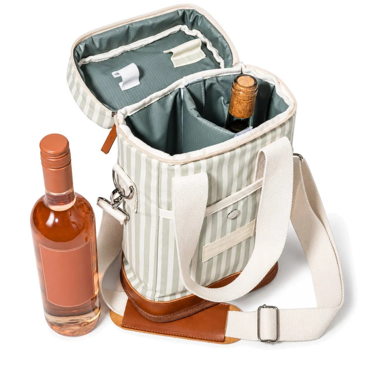 Custom Striped Insulated Wine Cooler Tote Bag with Shoulder Strap and Carry Handle