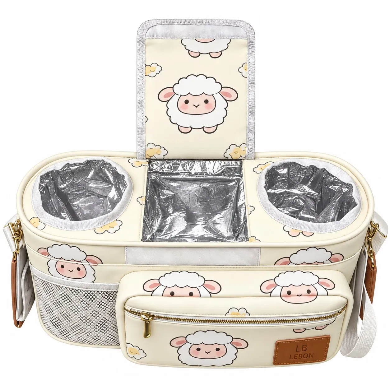 Custom Printed Baby Stroller Organizer Caddy Bag with Zipper Pocket and Bottle Holders