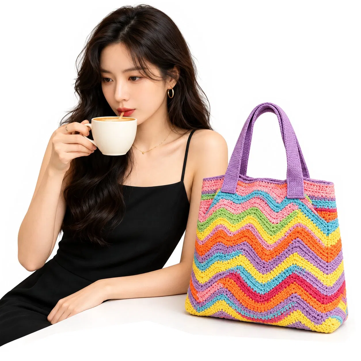 Custom Solid Color Knitted Women Shoulder Tote Bag for Beach Shopping Travel