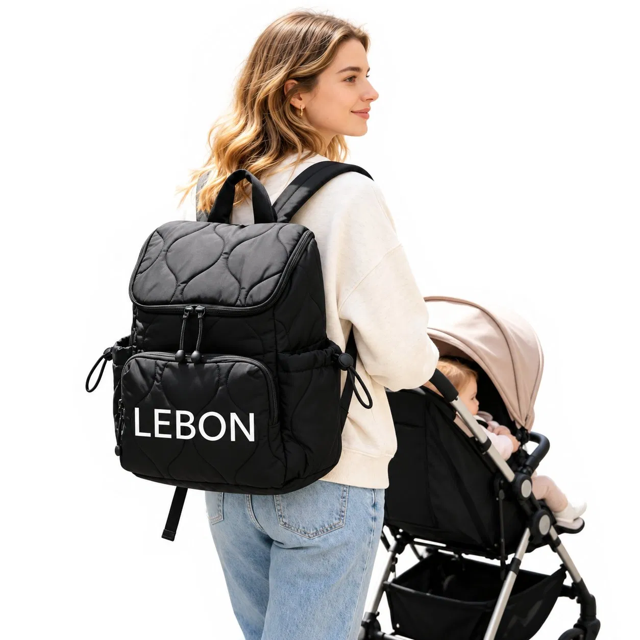 Custom Puffy Quilted Polyester Diaper Backpack Water Resistant Mummy Travel Bag