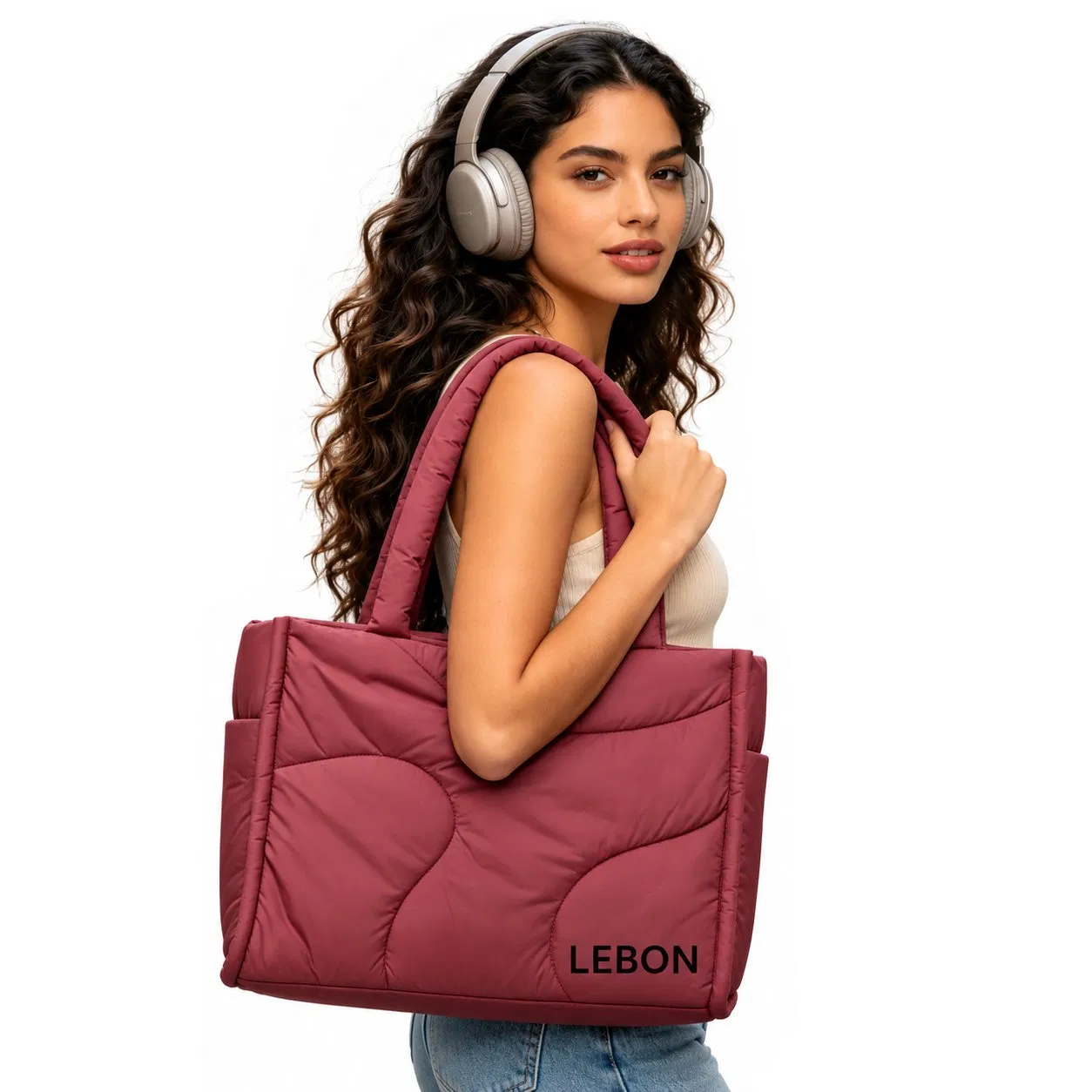 Custom Nylon Puffer Tote Bag Large Quilted Lightweight Zipper Handbag for Work and Travel