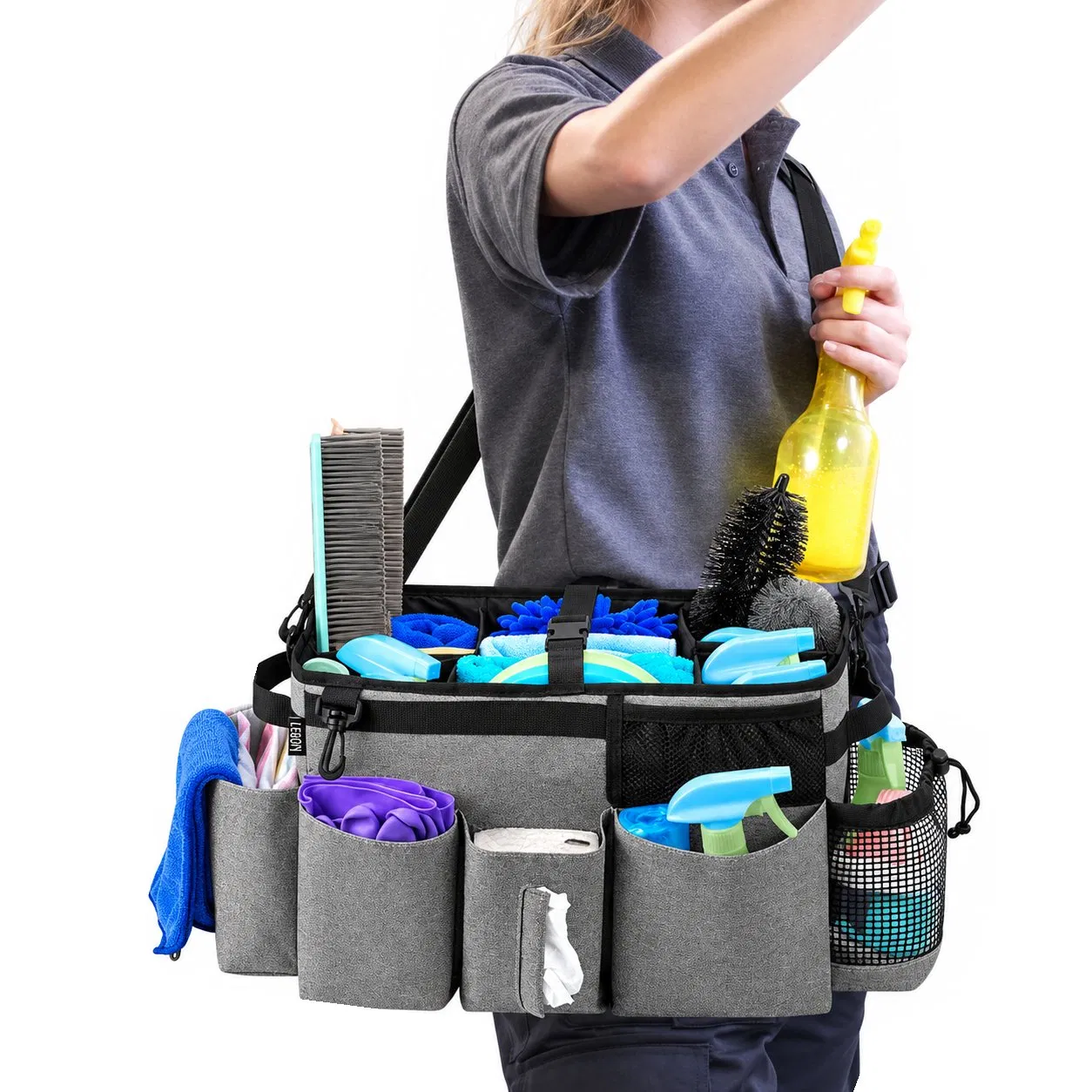 Custom Polyester Cleaning Caddy Bag with Zipper and Multiple Compartments