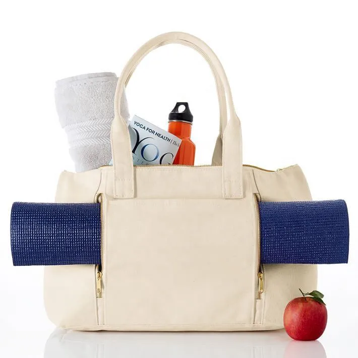 Custom Canvas Yoga Tote with Zip Mat Pocket and Bottle Holder