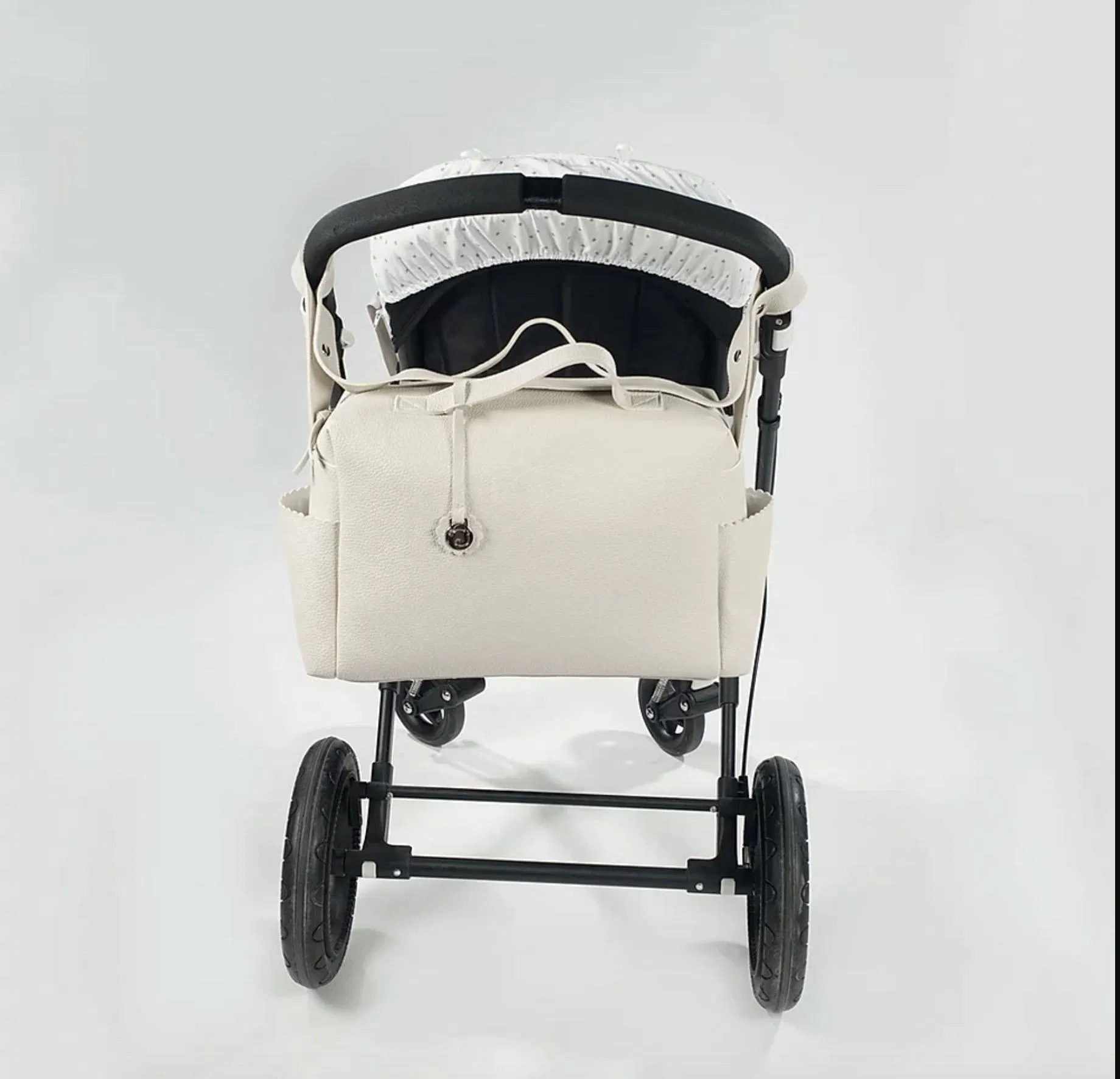Custom White PU Diaper Tote Bag with Stroller Straps and Side Pockets