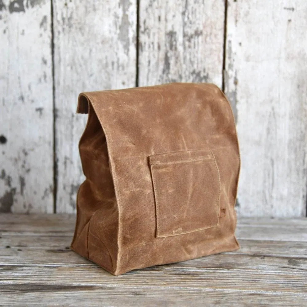 Custom Waxed Canvas Lunch Bag with Fold Top and Front Pocket
