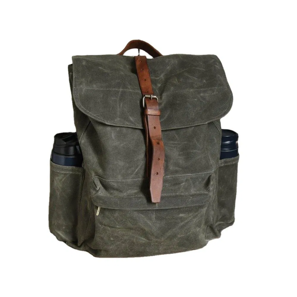 Custom Waxed Canvas Backpack with Leather Straps and Bottle Pockets