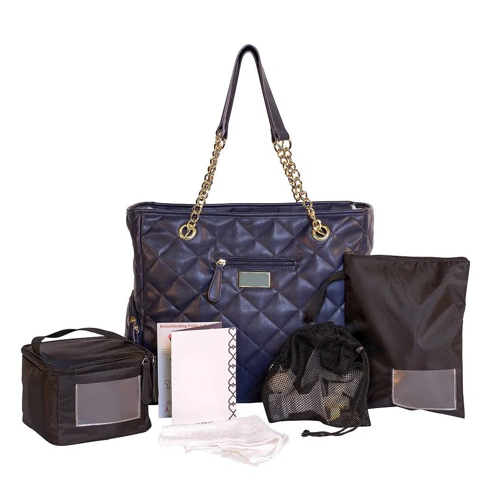 Quilted PU Diaper Tote with Chain Straps and Side Access Pocket